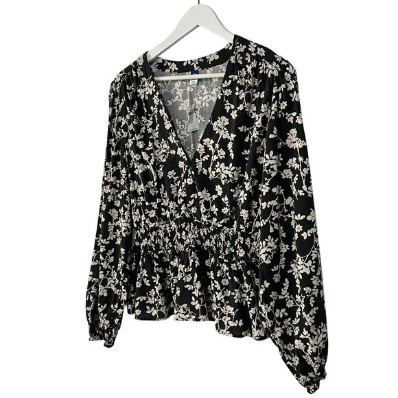 Old Navy Top Womens XLarge Tall Puff-Sleeve Black Floral Smocked Peplum Blouse - Picture 9 of 11